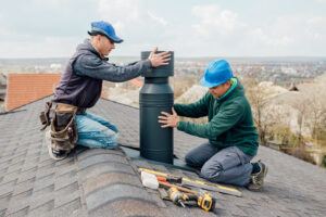 two Professional workmen's standing roof top and measuring chimney