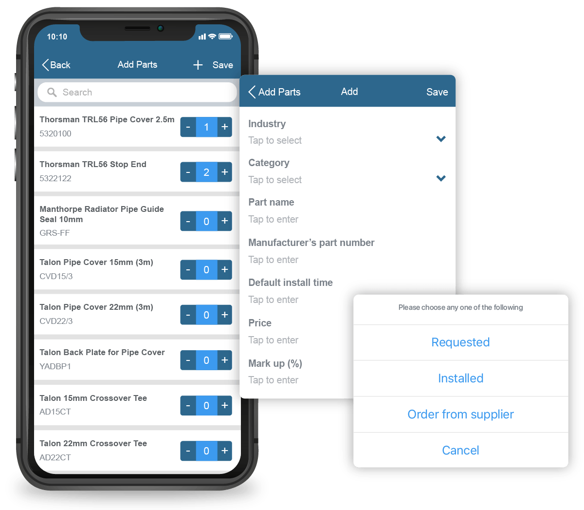 Commusoft's parts inventory management software on the mobile app