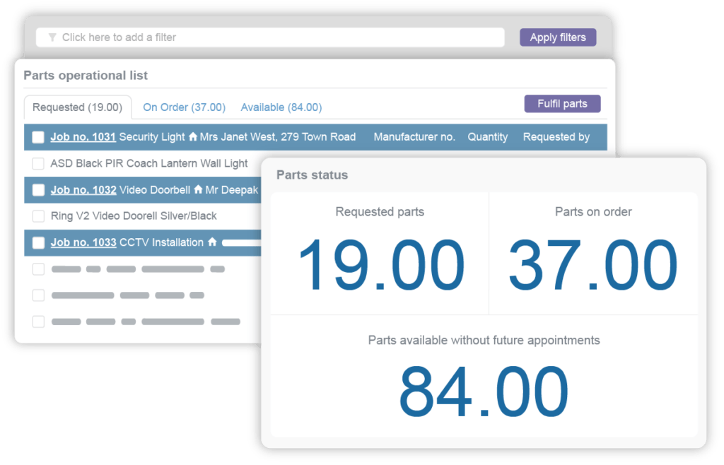 reporting software showing parts overviews