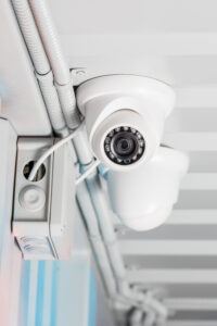 white security camera on ceiling