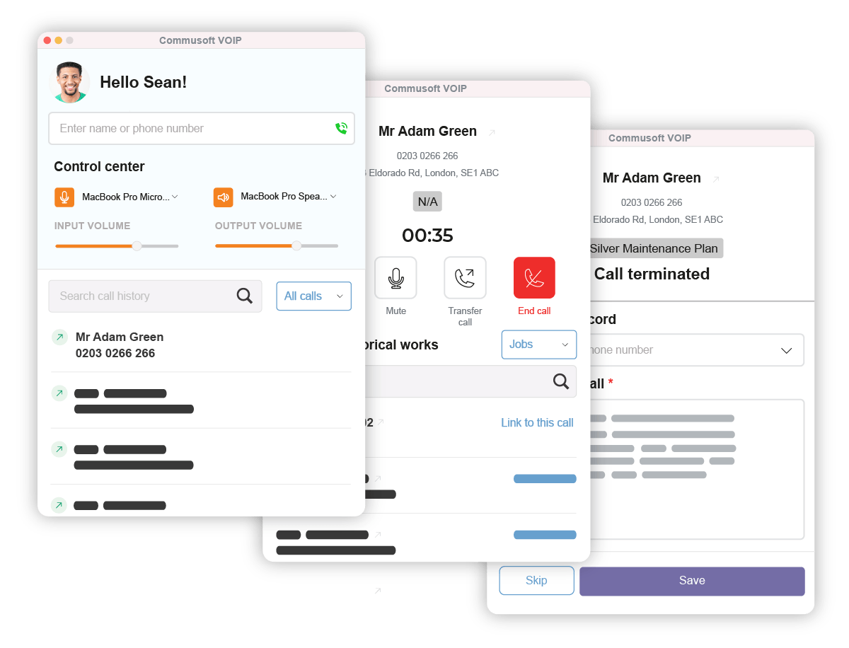 Commusoft VOIP screens