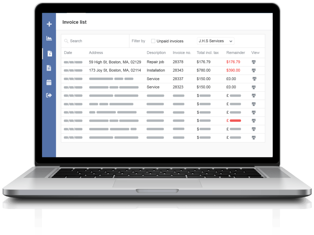 Customer self-service portal with past invoices list