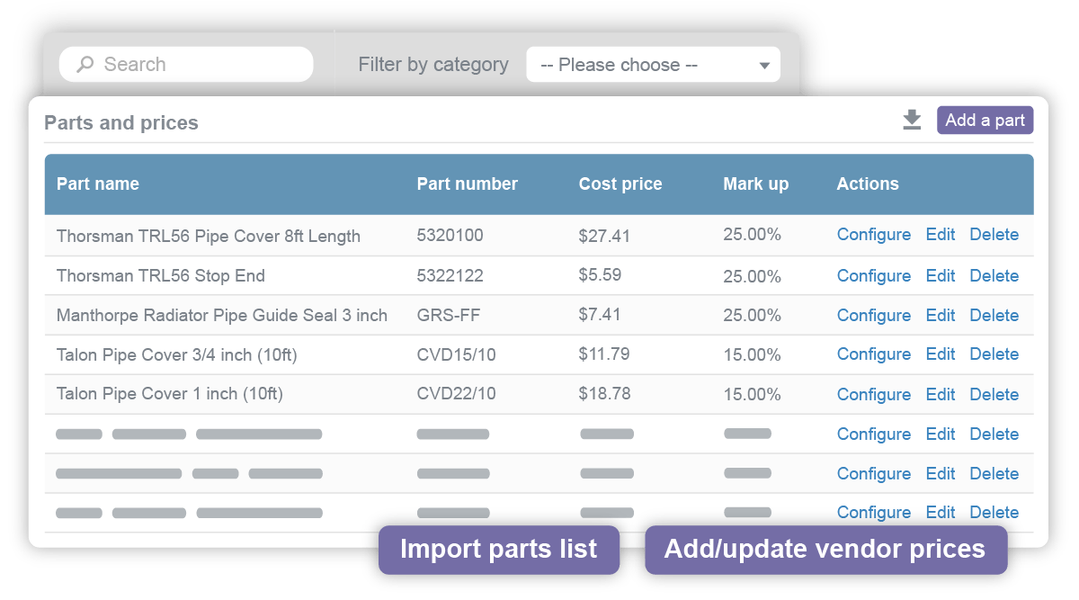 parts inventory management stock and pricing table