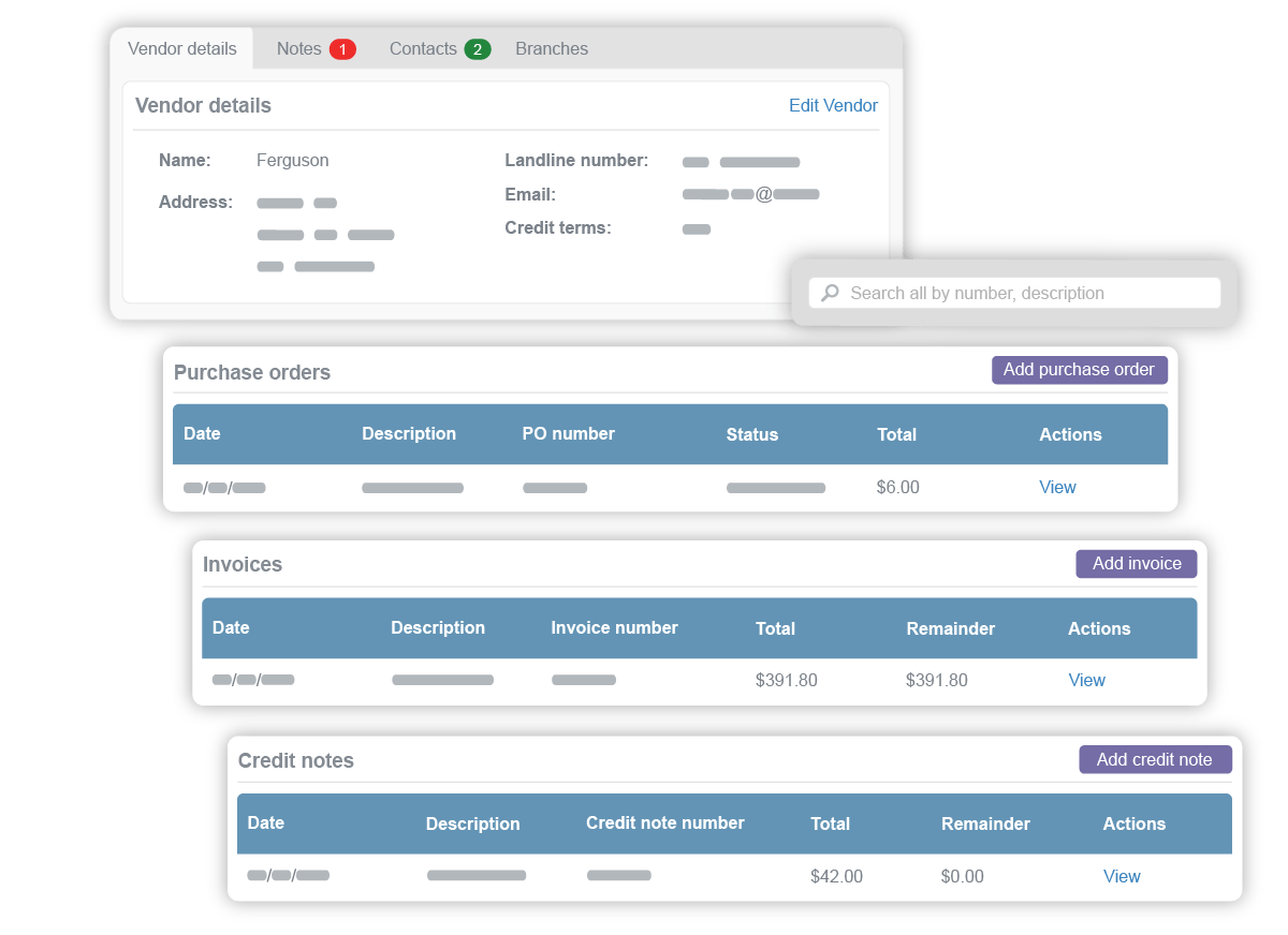 Manage purchase orders, invoices, and credit notes for all your vendors.