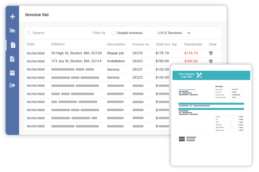 Invoices on the customer self-service portal dashboard
