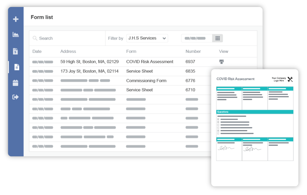 custom forms dashboard on the customer portal