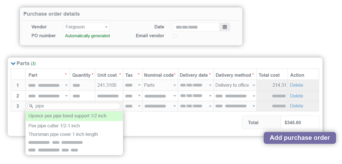 Create a purchase order from the vendor account.