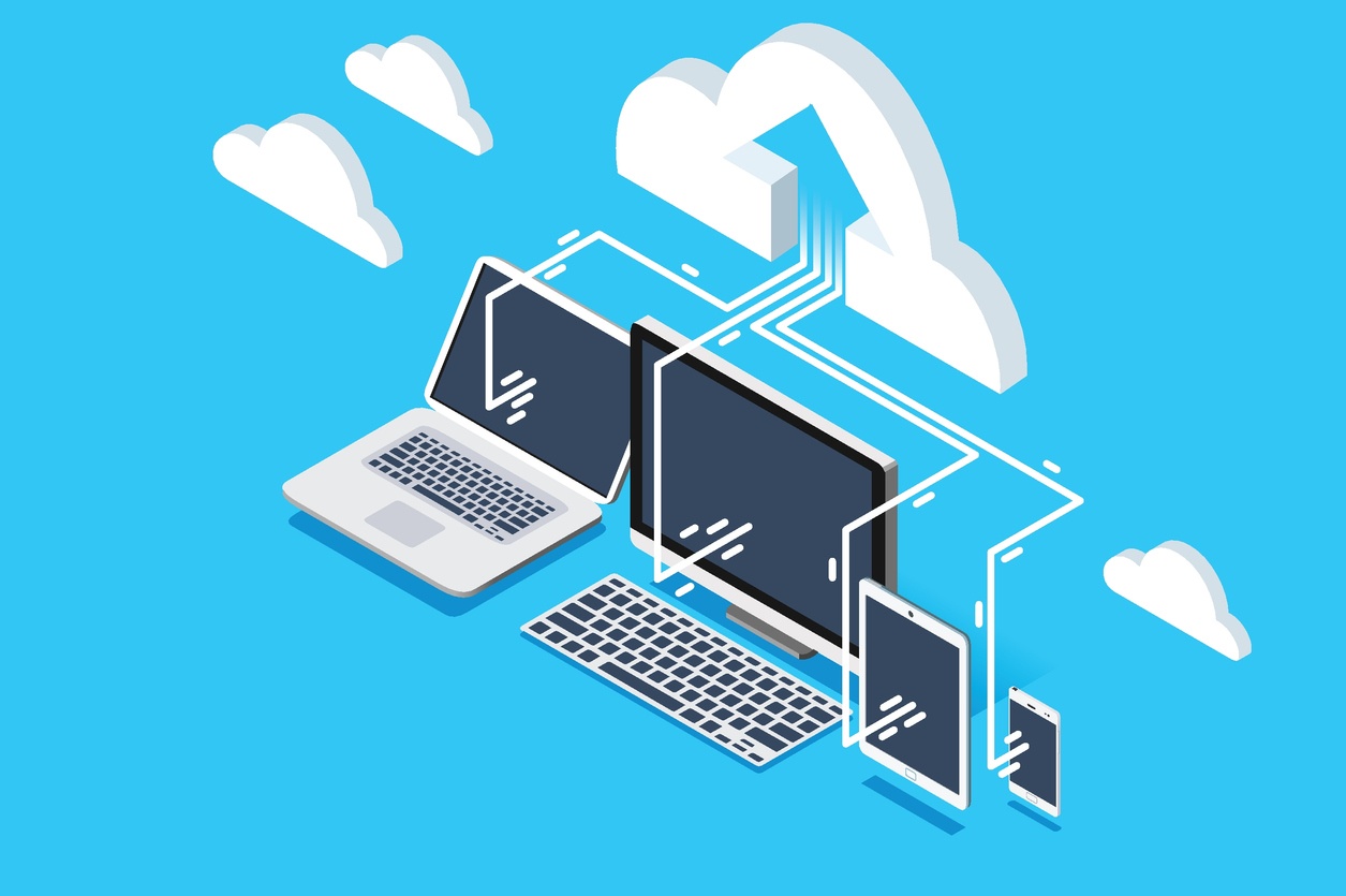 cloud computer with mobile workforce management software next to a tablet and a phone