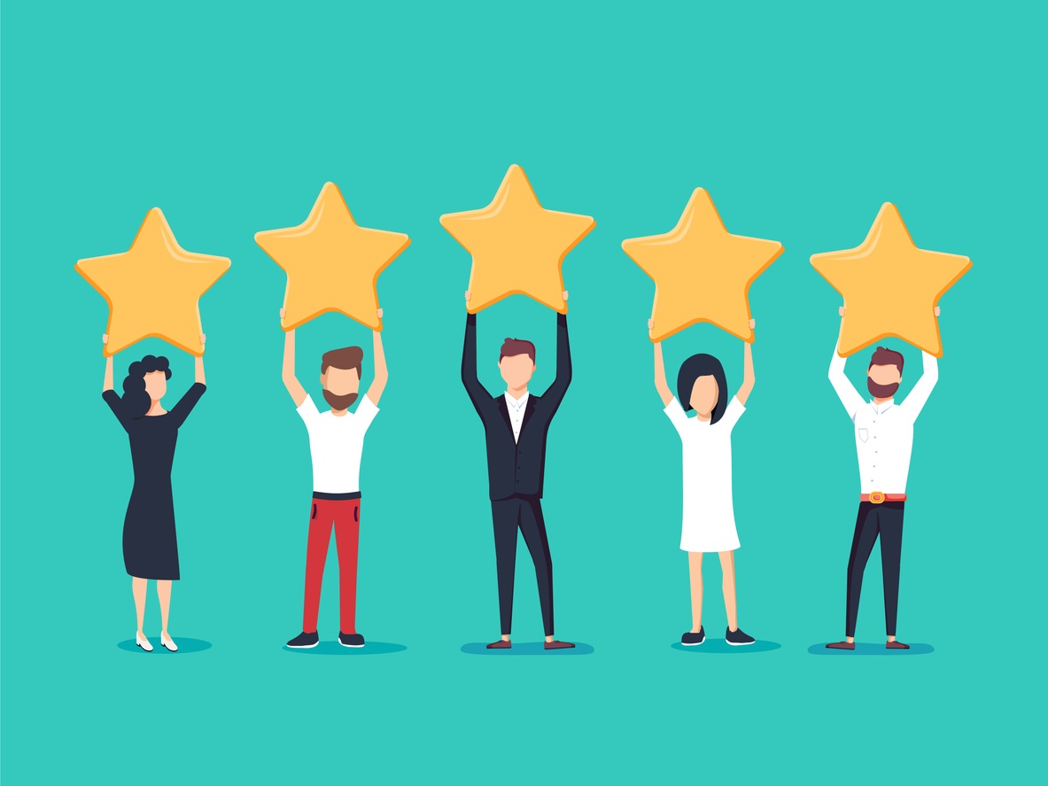 facebook marketing strategy with people holding five star reviews