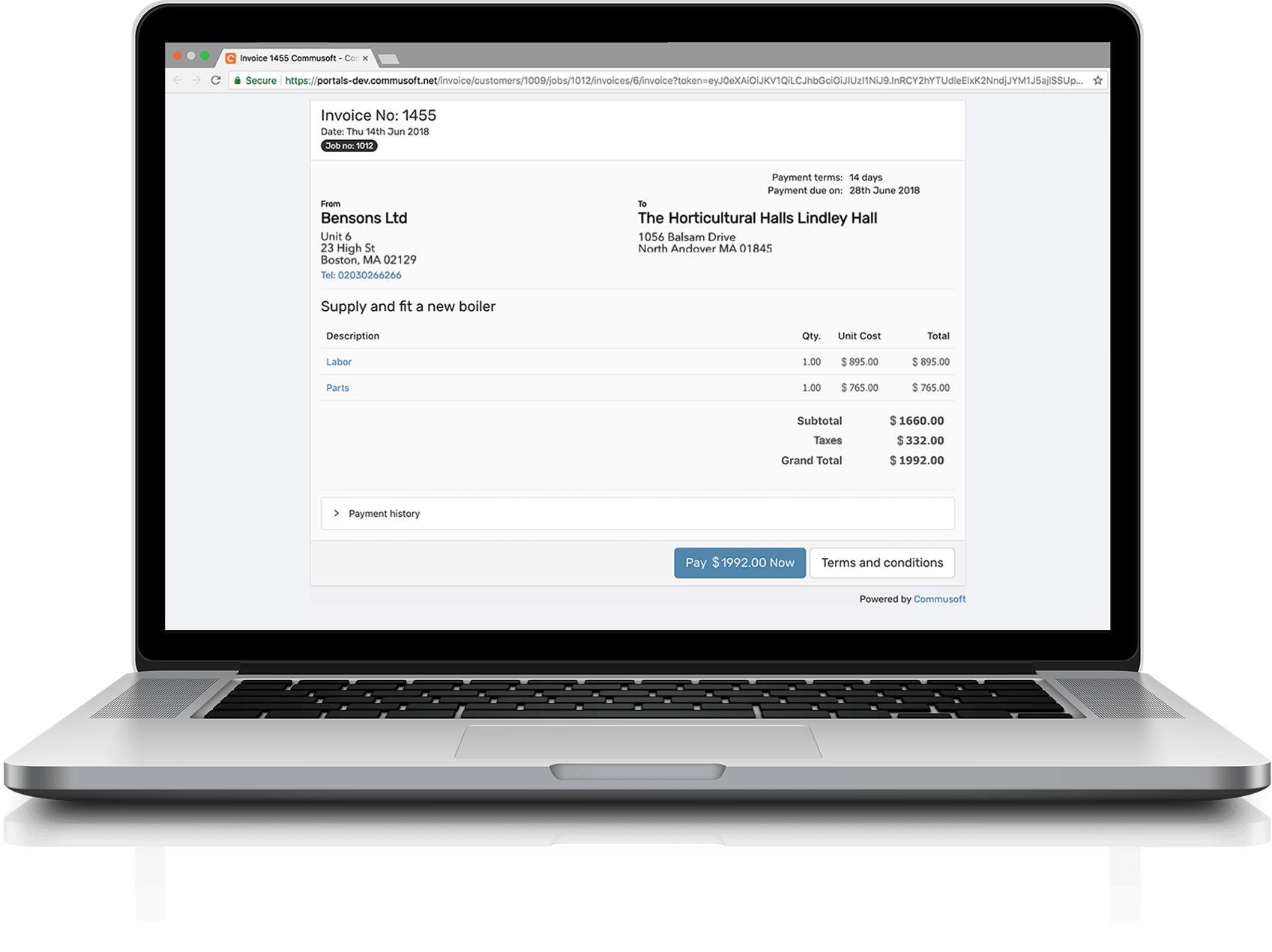 Customer receiving and paying a bill via the online payment portal