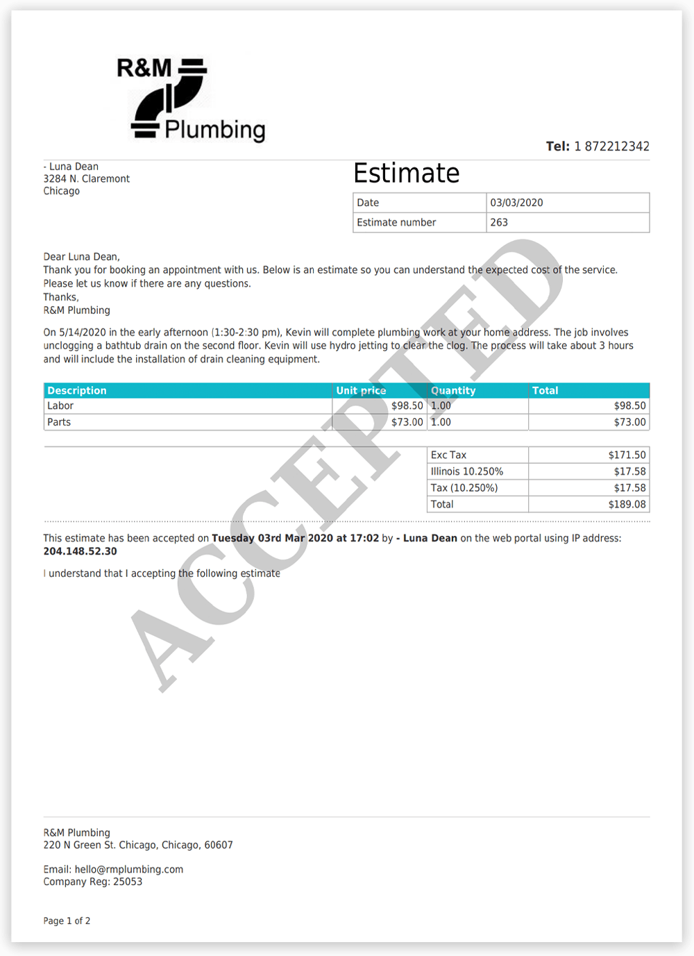 accepted estimate PDF in commusoft