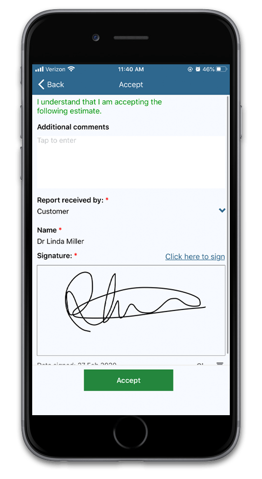 on-site estimate signature on mobile app