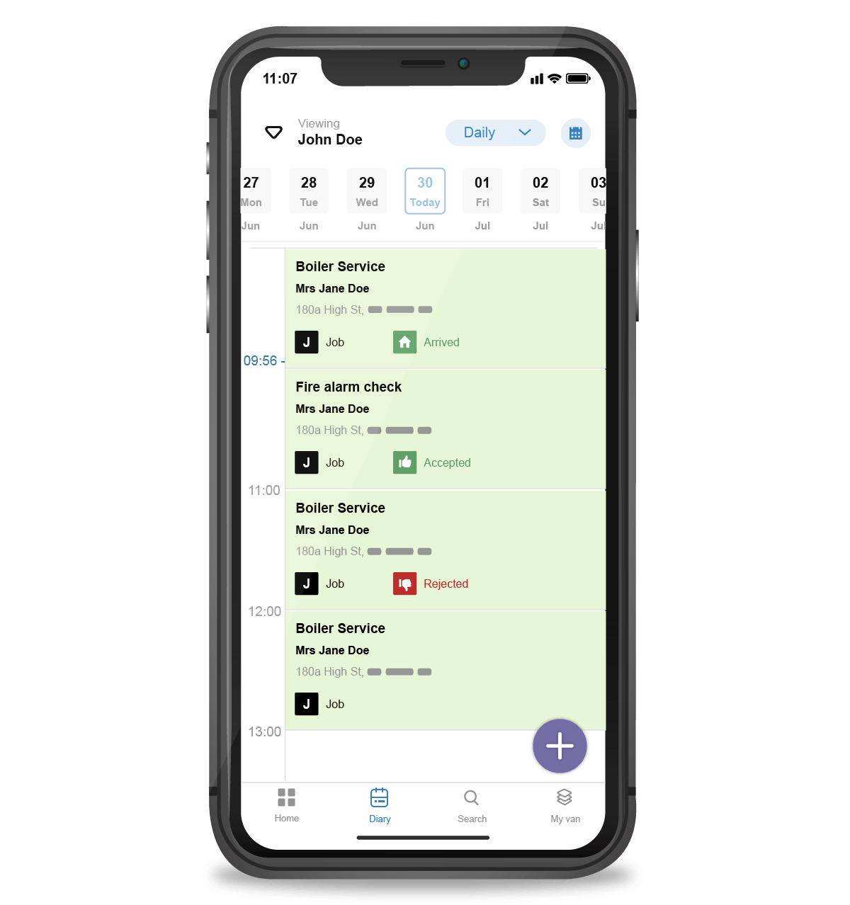 Commusoft mobile Diary UI