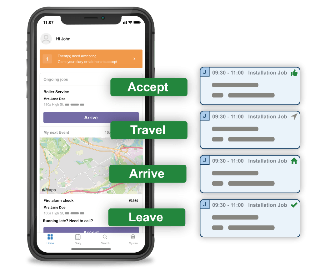 Commusoft Mobile App, with Dairy status; including Accept, Travel, Arrive, and Leave options