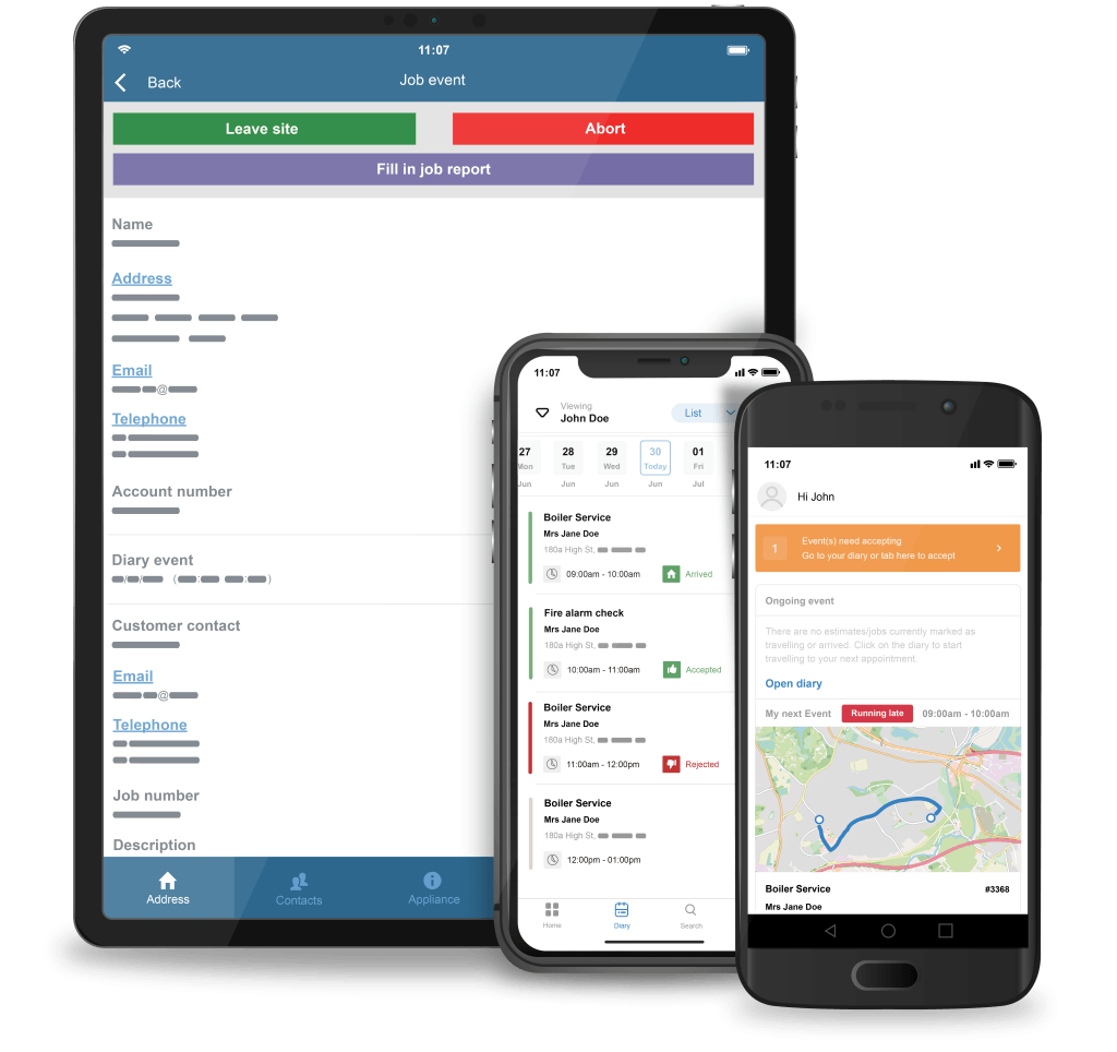 Commusoft Mobile App on three devices