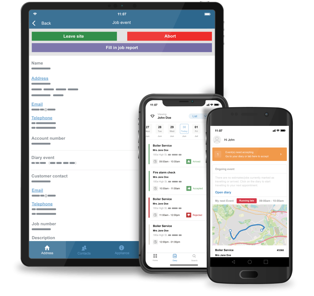 Commusoft field service management Mobile App on three devices