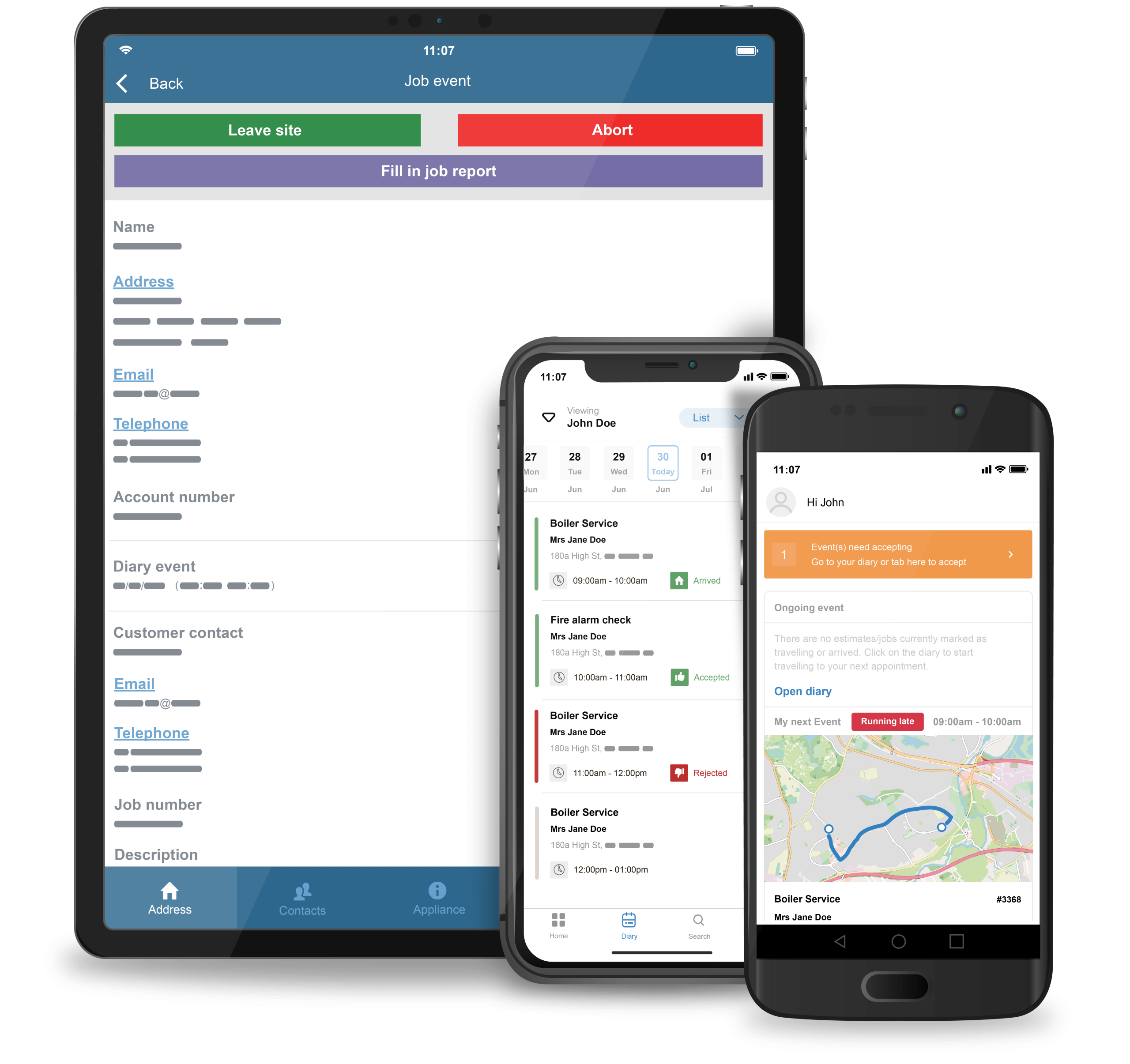 Commusoft Mobile App on three devices