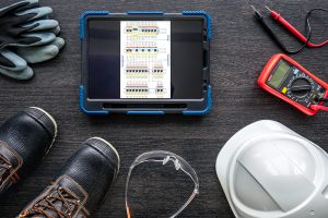 electrician with tools on the floor