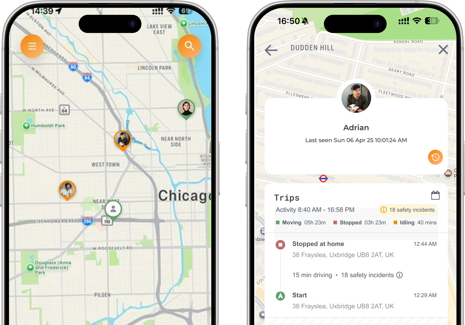 Two iPhones: one shows a map of London with engineers' locations, the other displays an engineer's trip timeline for the day.
